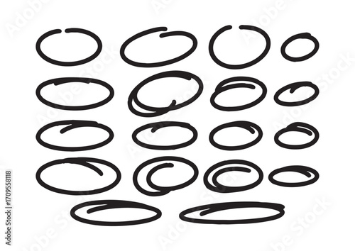 Hand-drawn black marker circles and ovals. A versatile set of sketch and scribble shapes for highlighting text, emphasizing points, or adding a unique aesthetic to graphic designs