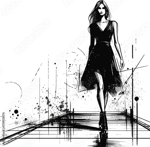 : A striking black-and-white illustration of a confident fashion model walking down a sleek runway with a dynamic design emphasizing modernity, elegance,