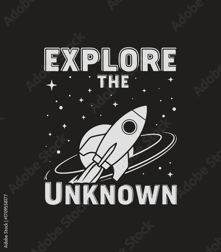 Explore the Unknown – Monochrome Rocket Illustration with Stars and Planet Rings on Black Background