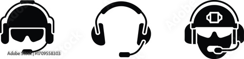 Headset and helmet icons, tactical and communication gear, military, gaming, and professional audio equipment, black silhouette symbols for technology and design illustration