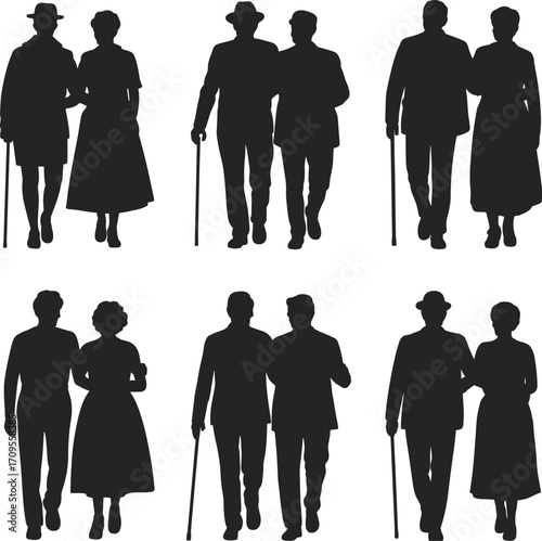 Elderly couple silhouettes, senior people walking icons, old age companionship, cane support design, retirement clipart set, aging outline art, family care illustration pack