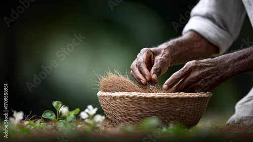 Peaceful elder hands skillfully weaving natural fiber basket craft