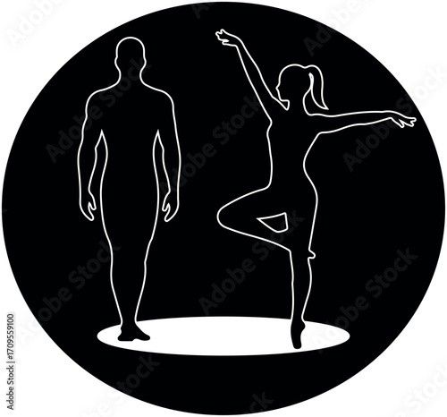silhouette of man and woman performing gym fitness poses in spotlight, representing strength and balance