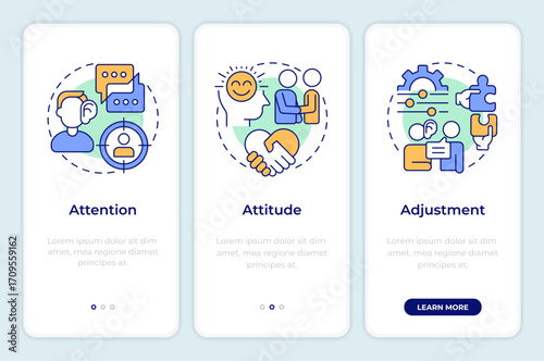 3 A of basic listening skills onboarding mobile app screen. Walkthrough 3 steps editable graphic instructions with linear concepts. UI, UX, GUI. Montserrat SemiBold, Regular fonts used