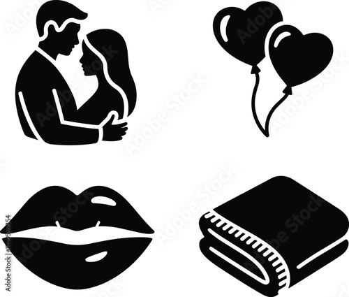 Love and romance icons, couple embracing, heart balloons, lips, and folded blanket, black silhouette symbols for affection, comfort, and relationship design