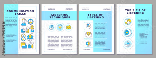 Communication skills brochure layout. Emotional intelligence, social interaction. Leaflet advertising design with color line icons. Editable 4 pages. Arial-Black, Myriad Pro-Regular fonts used