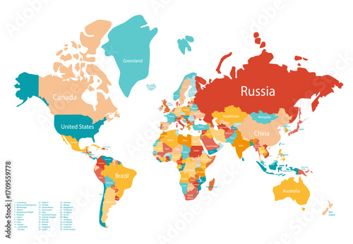 World map with continents, oceans, country landmarks and cities