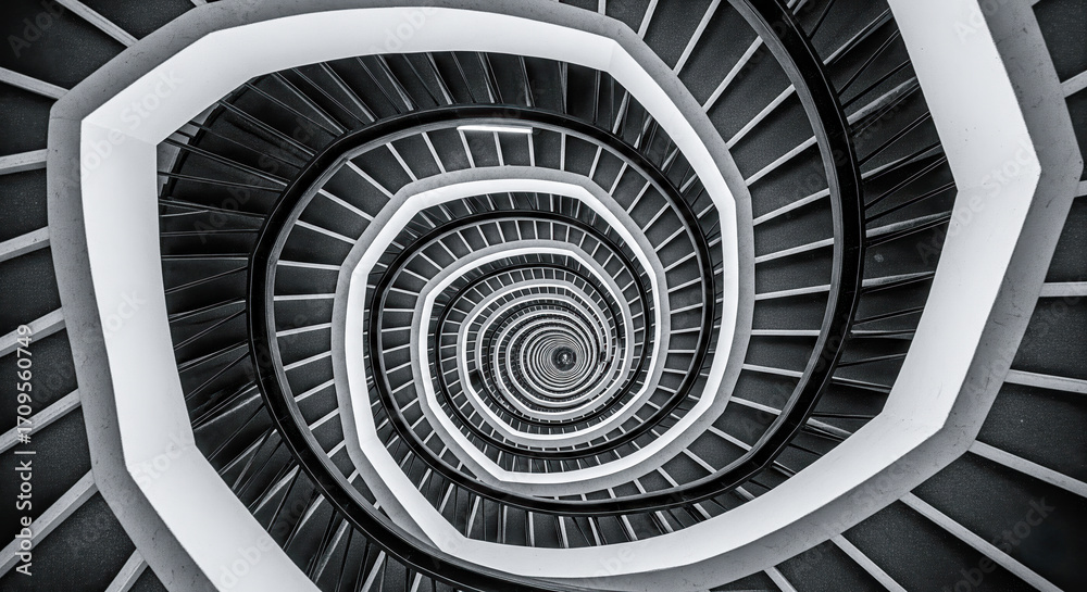 Obraz premium Abstract black and white top down view of spiral staircase, hypnotic geometric pattern creating a vortex effect, modern architectural design