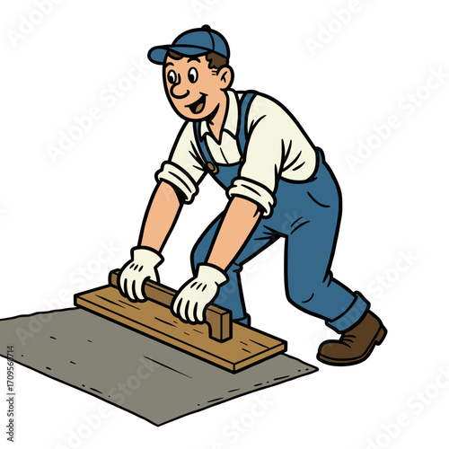 Man smoothing concrete with a board while smiling in work attire  