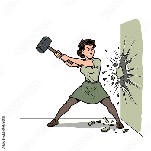 Woman demolishing a wall with a hammer during home renovation  