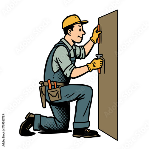 Worker applying wallpaper in a kneeling position during repair  