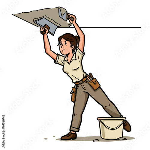 Woman plastering ceiling with trowel and bucket in home interior  