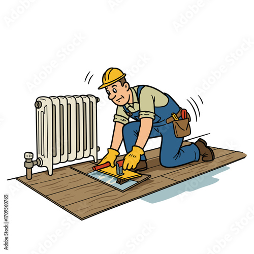 Worker installing laminate flooring near radiator in home setting  