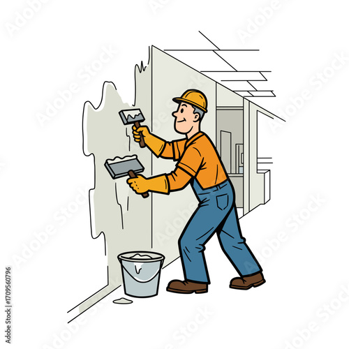 Worker plastering wall in office space during repair process  