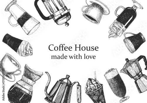Coffee shop products. Coffee House Coffee design template. Hand-drawn illustration of Coggee. Ink. Vector