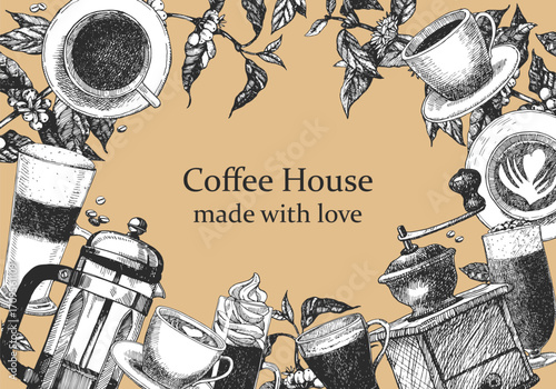 Coffee shop products. Coffee House Coffee design template. Hand-drawn illustration of Coffee. Ink. Vector