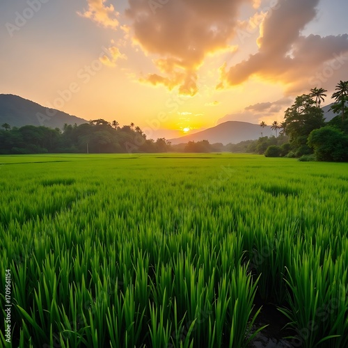 Green Rice Field at Sunrise Serene Landscape