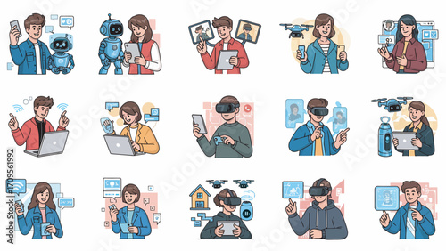 Diverse group of people interacting with technology, including robots, drones, and virtual reality, in a modern and connected world.