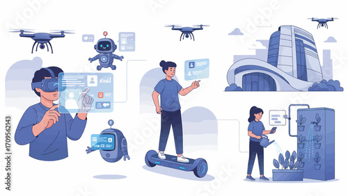 People interact with futuristic technology using virtual reality, drones, and robots in a modern city, showcasing innovation and connectivity.