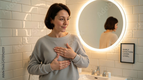 Woman in bathroom performing breast self-exam for Breast Cancer Awareness