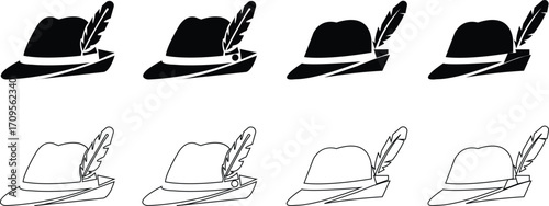 Tyrolean Hat Icon set Traditional Alpine Headwear Bavarian Style with feather Oktoberfest Costume, Feather Decoration, Folk Culture, and Fashion Symbols in Modern Vector Style elements design template