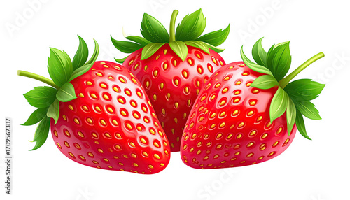 Three vibrant red strawberries with green leaves (1)
