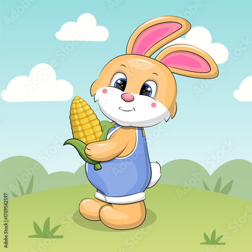 Cute cartoon Rabbit with a Corn in Nature. Vector illustration of animal on green background.