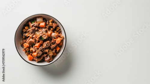Wet Food for Dogs and Cats in a Bowl on White Background: Highlighting Rich, Meaty Textures, Nutrient-Packed Formulas, and Fresh Appeal – Perfect Visuals for Pet Food E-Commerce Listings, Product Cata