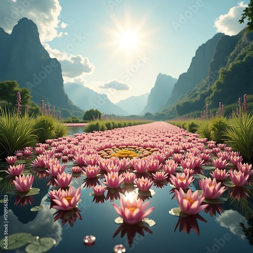 Lotus Flowers Floating on Water in a Mountain Landscape on a Sunny Day