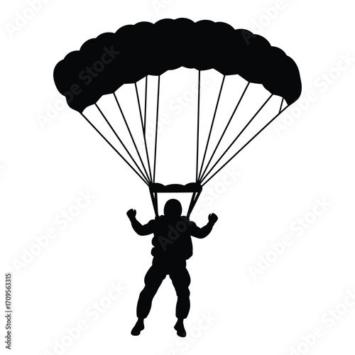 Silhouette of a skydiver descending gracefully under an open parachute silhouette
