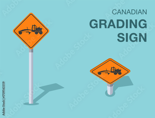 Traffic regulation rules. Isolated canadian "grading" road sign. Front and top view. Flat vector illustration template.