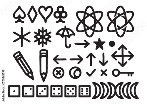 Comprehensive collection of diverse hand-drawn doodle vector icons and symbols, perfect for creative design projects, web interfaces, and graphic elements