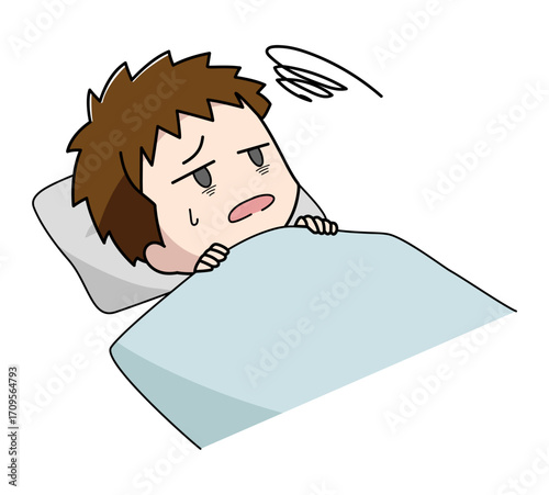 布団に入っても眠れない男の子のイラスト