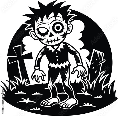 Black and white cartoon zombie in a graveyard spooky