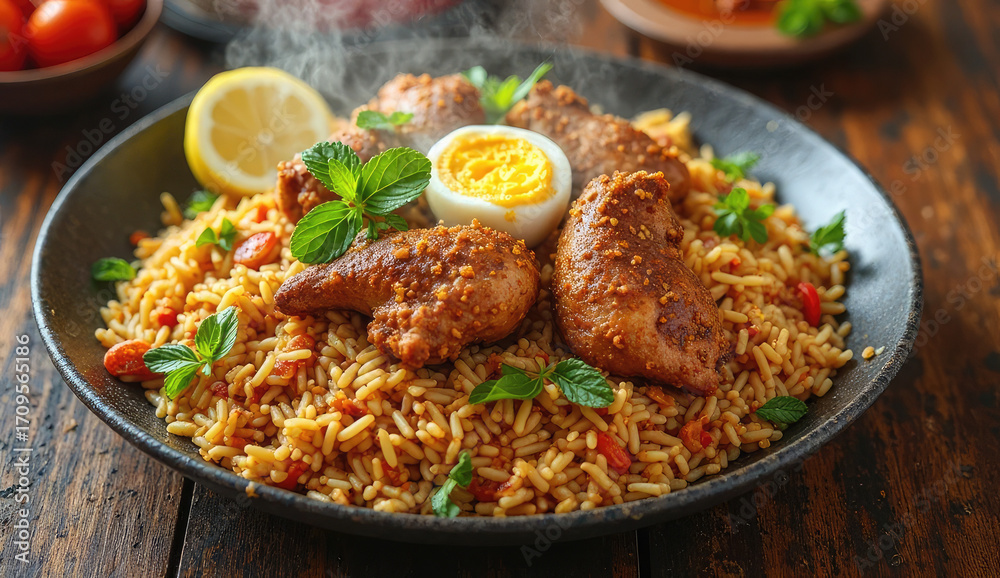 Fototapeta premium Aromatic Chicken Biryani with a Boiled Egg, Ready to Enjoy