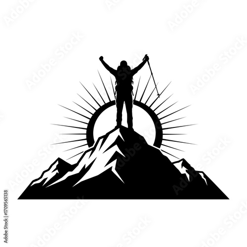 Hiker celebrating on mountain peak with sunburst silhouette isolated on white background