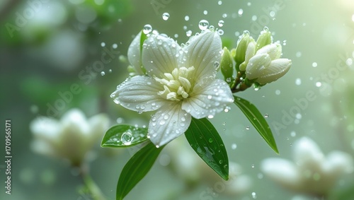 White flower jasmine blossom petal bloom floral spring nature plant garden beauty fresh dew drops rain