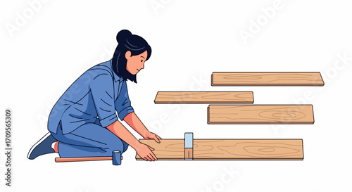 Laying laminate flooring with precision. Woman kneels to assemble plank connections for home improvement project, focusing on laying laminate flooring with precision.