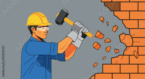 Construction worker demolishing wall with hammer, breaking through brick, wearing safety gear. Demolishing wall shows strength and hard work, as construction worker breaks through brick.