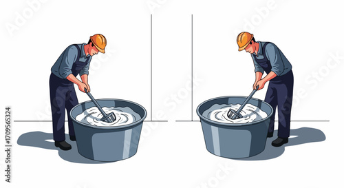 Worker mixing mortar in buckets. Worker mixing mortar with cement and water, creating construction material. Process worker mixing mortar for building work,