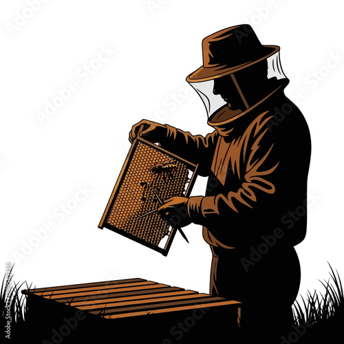 Beekeeper inspecting honeycomb frame silhouette isolated on white background