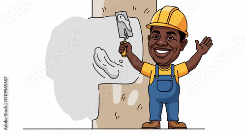 Cartoon construction worker cheerfully applies plaster to wall, representing a construction worker at work. Depicting a construction worker with safety helmet in cheerful work environment,