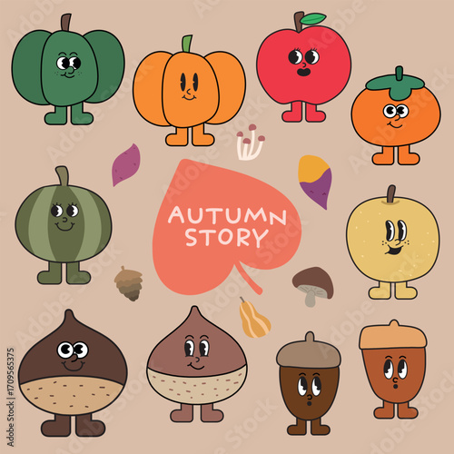Cute Autumn Fruit Character Set