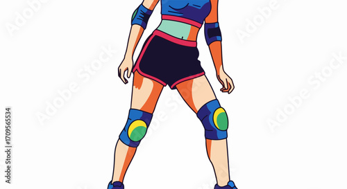 Retro roller skater in colorful sporty attire with elbow pads and knee pads demonstrates a sporty lifestyle. This retro roller skater has a fun 80s aesthetic,