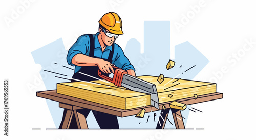 Construction worker cutting insulation material with a saw. Construcción trabajador cortando material de aislamiento con sierra, precision in cutting insulation material is showcased,