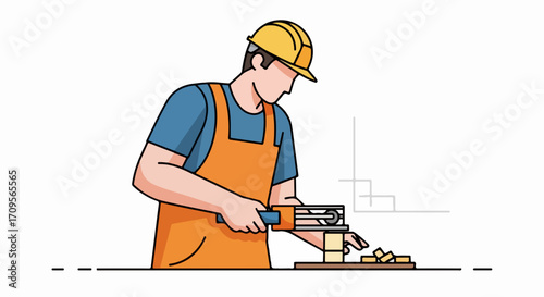 Builder working on woodworking project with electric jigsaw and wooden materials. Builder is engaged in woodworking, focusing on woodworking design, demonstrating skills and precision,