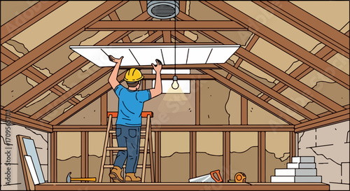 DIY attic insulation with worker character doing ceiling work. DIY attic insulation involves standing on stepladder to install insulating panels.