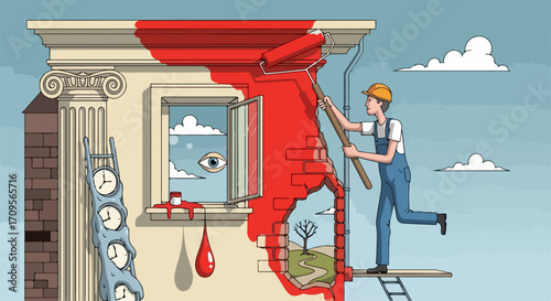 Conceptual home improvement art showcasing building facade being painted red in abstract scene. Home improvement project reveals landscape within,