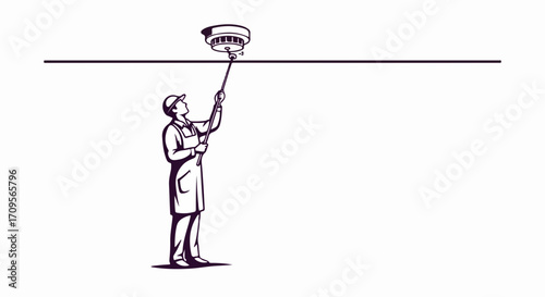 Performing smoke detector maintenance with tool showing Performing smoke detector maintenance, safety first. Performing smoke detector maintenance ensures optimal functionality, preventing hazards.