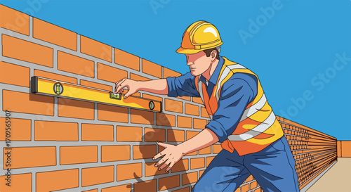 Construction worker checks brickwork quality using spirit level tool to ensure precise leveling. Brickwork process guarantees precise construction leveling,